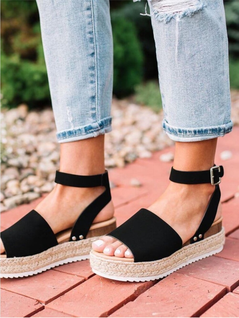 Women’s Black Peep Open Toe Ankle Strap Espadrille Raffia Sandal Wedge Platform